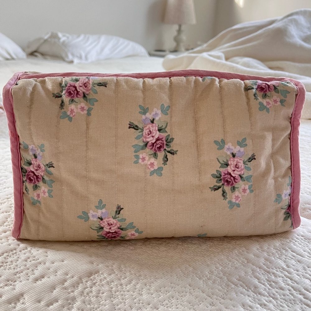 Laura Ashley Floral Quilted Cosmetic Bag with Pink Trim